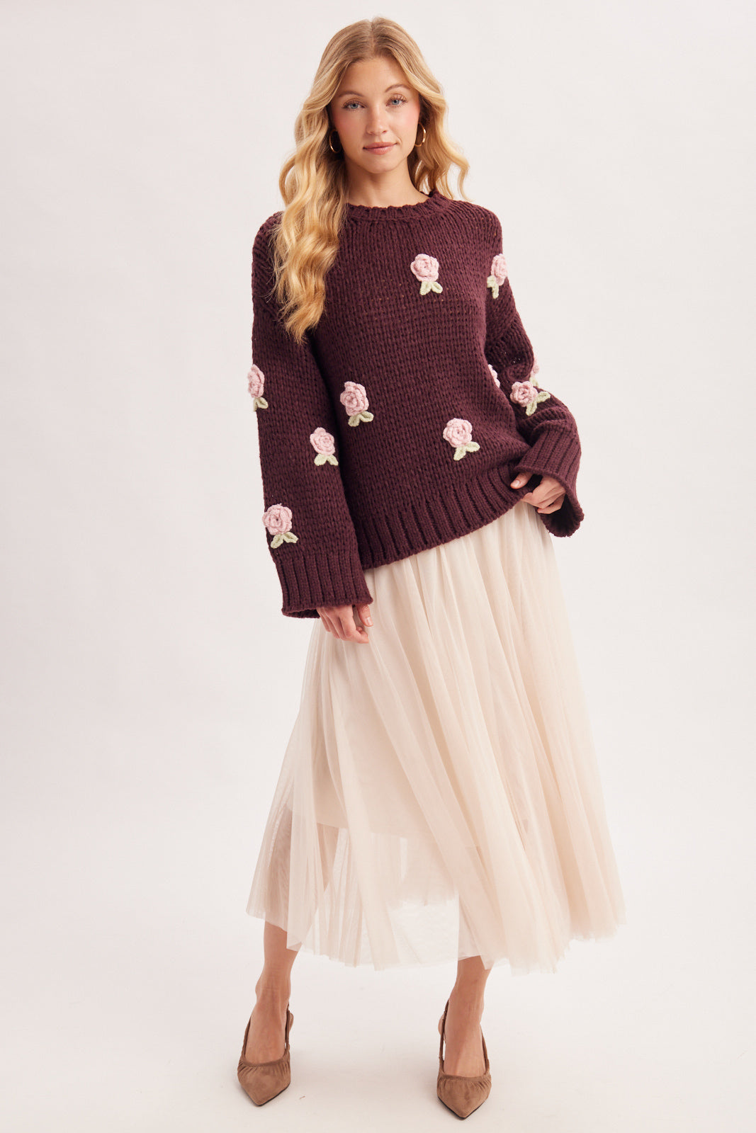 3D Crochet Rosette Chunky Knit Sweater 🩷