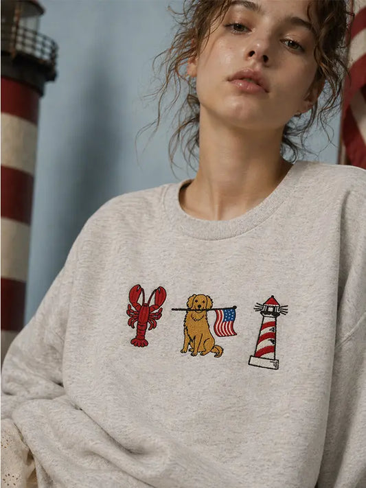 Patriotic Retriever Nautical Embroidered Grey Sweatshirt 🇺🇸