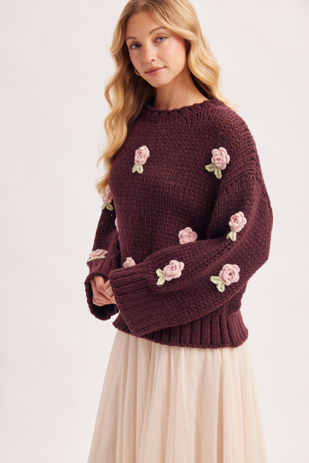 3D Crochet Rosette Chunky Knit Sweater 🩷