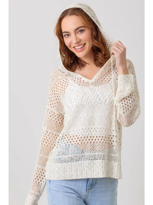 Crochet Knit Hoodie Sweater (Ivory Mix)