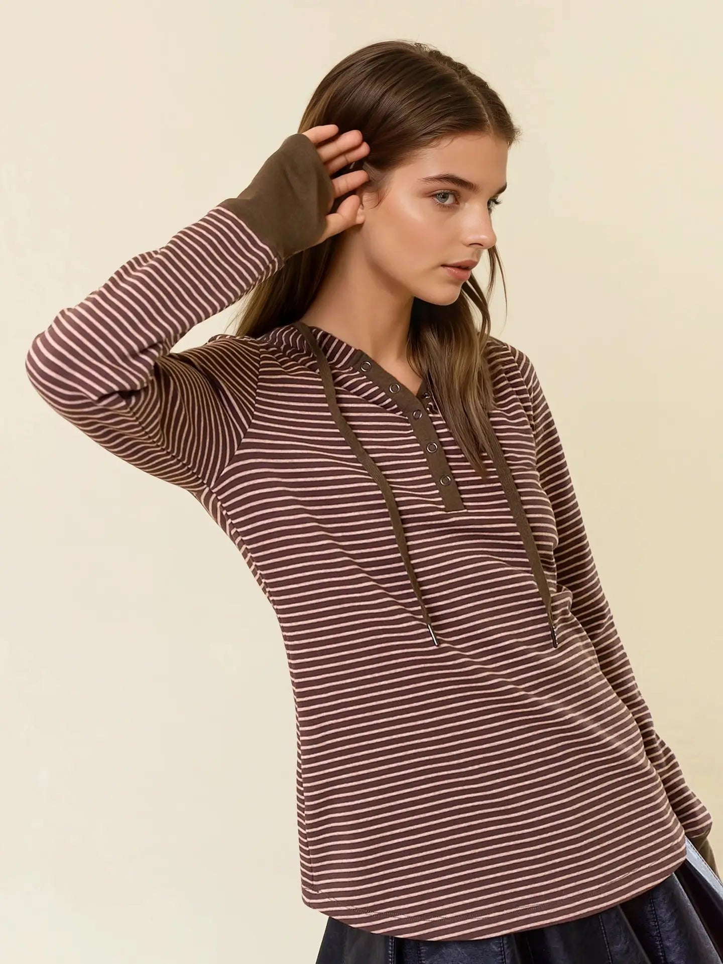 Henley Ribbed Hood Top (Olive) ✨