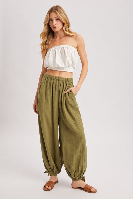 Crinkled Gauze Jogger Pants (Olive)