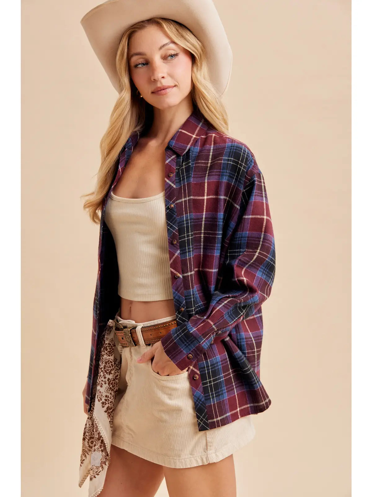 Tartan Plaid Button Down Tunic (Bordeaux)