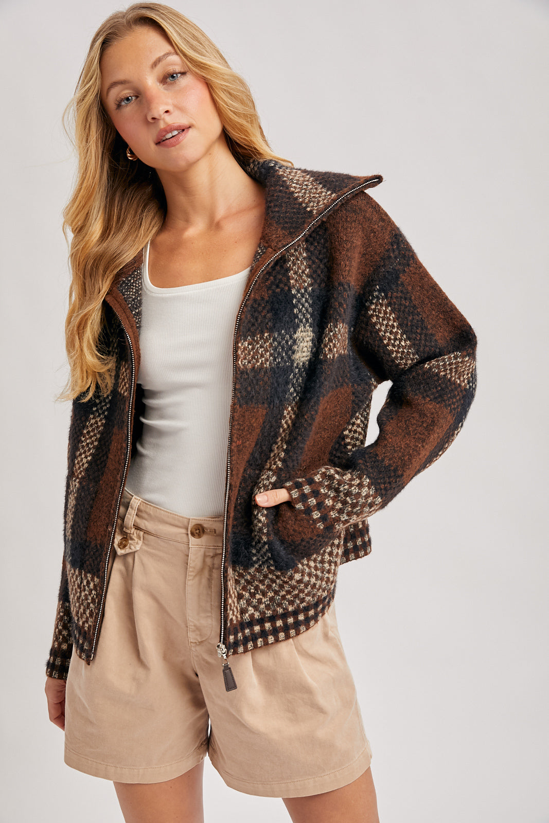 Plaid Zipper Fuzzy Knit Sweater Jacket