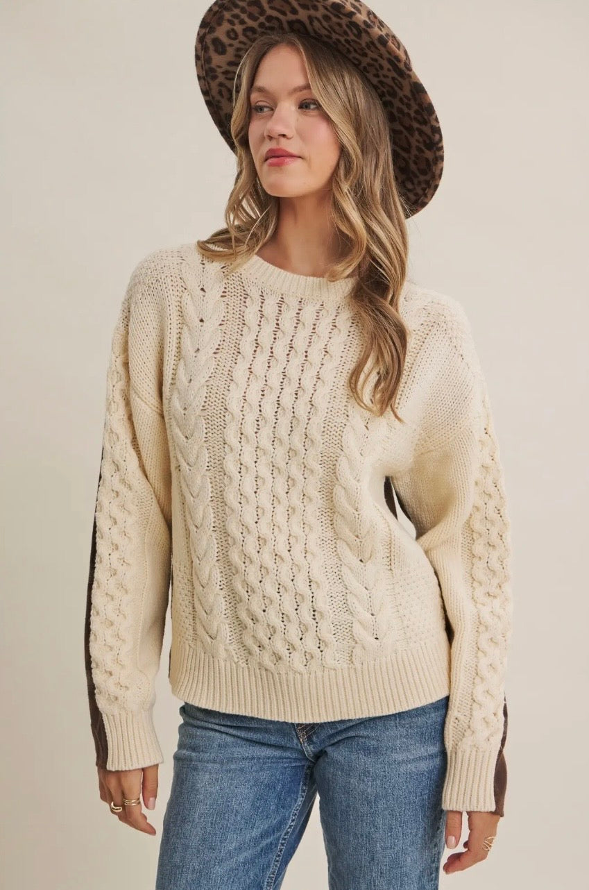 Woodland Plaid Back Mixed Media Cable Knit Sweater Top (Cream/Mocha)