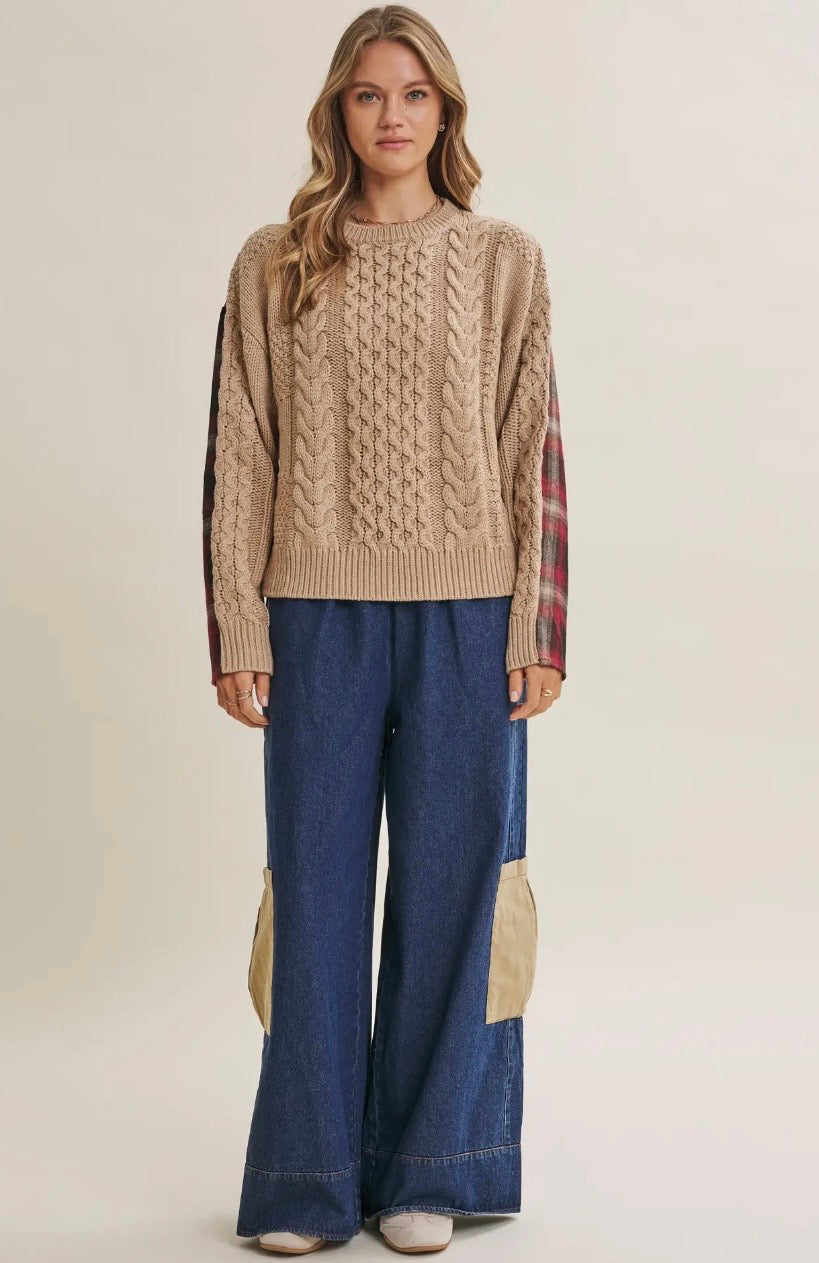 Woodland Plaid Back Mixed Media Cable Knit Sweater Top (Taupe/Red)