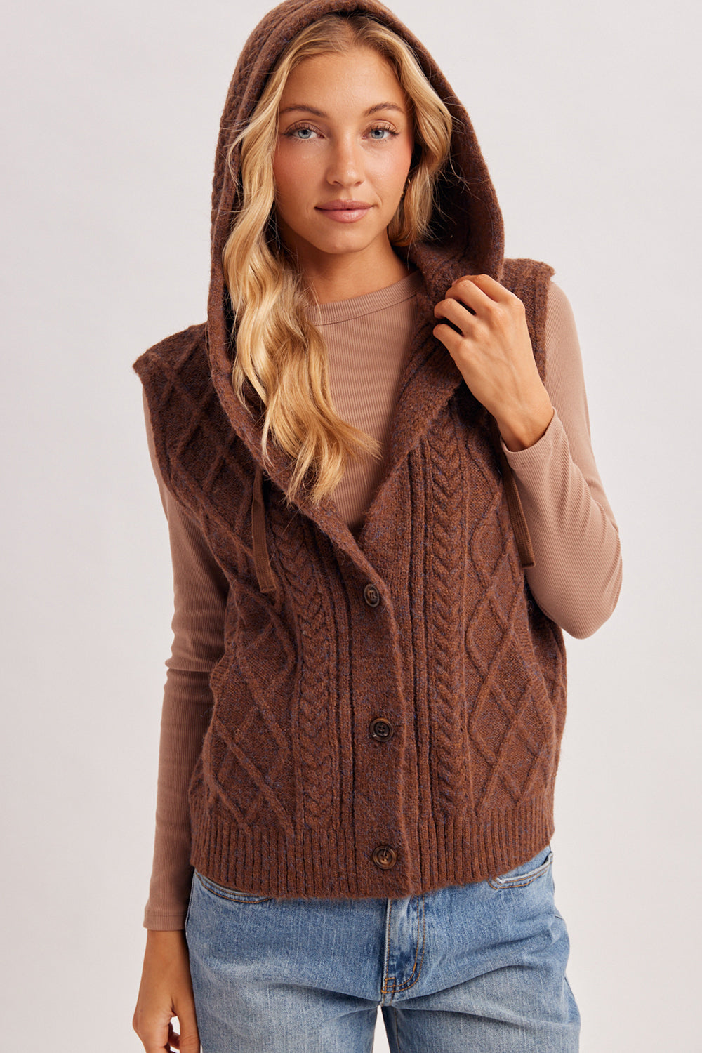 Button Down Hooded Cable Knit Sweater Vest 🤎