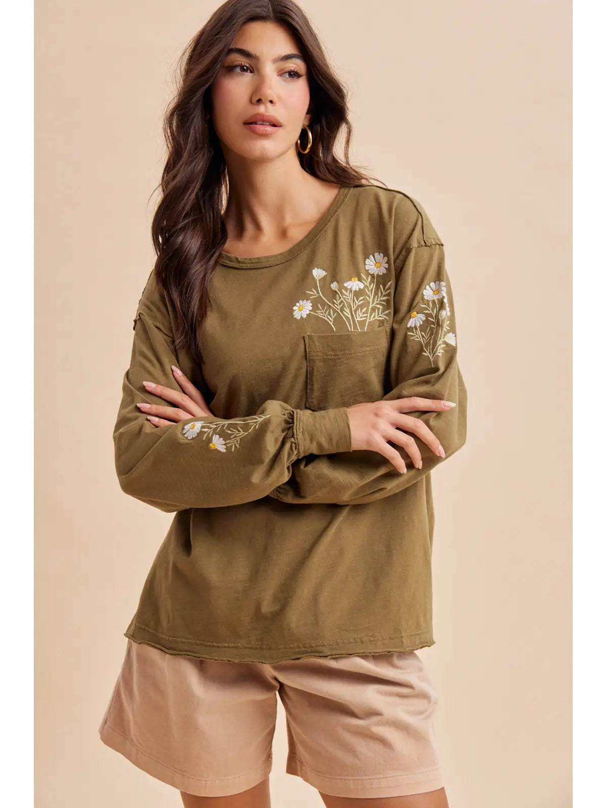 Embroidered Long Sleeve Pullover (Olive)