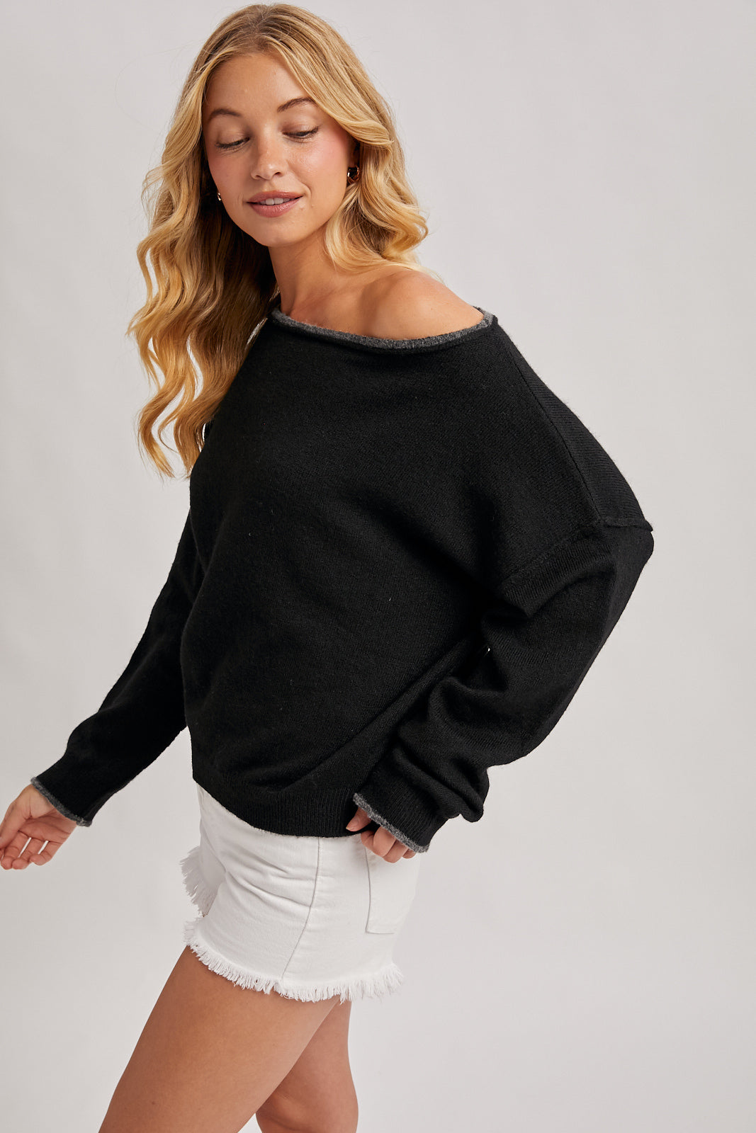 Boatneck Rolled Trim Heathered Knit Pullover