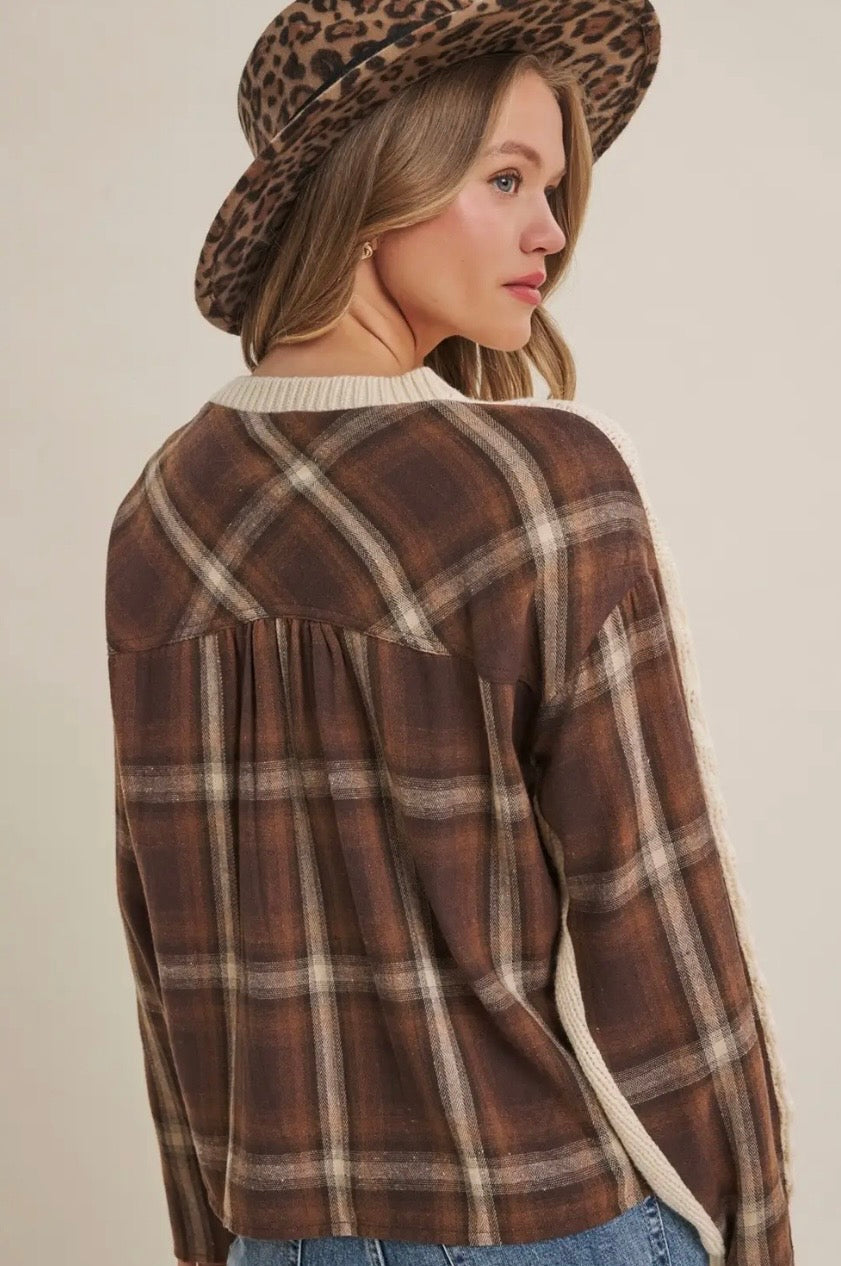 Woodland Plaid Back Mixed Media Cable Knit Sweater Top (Cream/Mocha)
