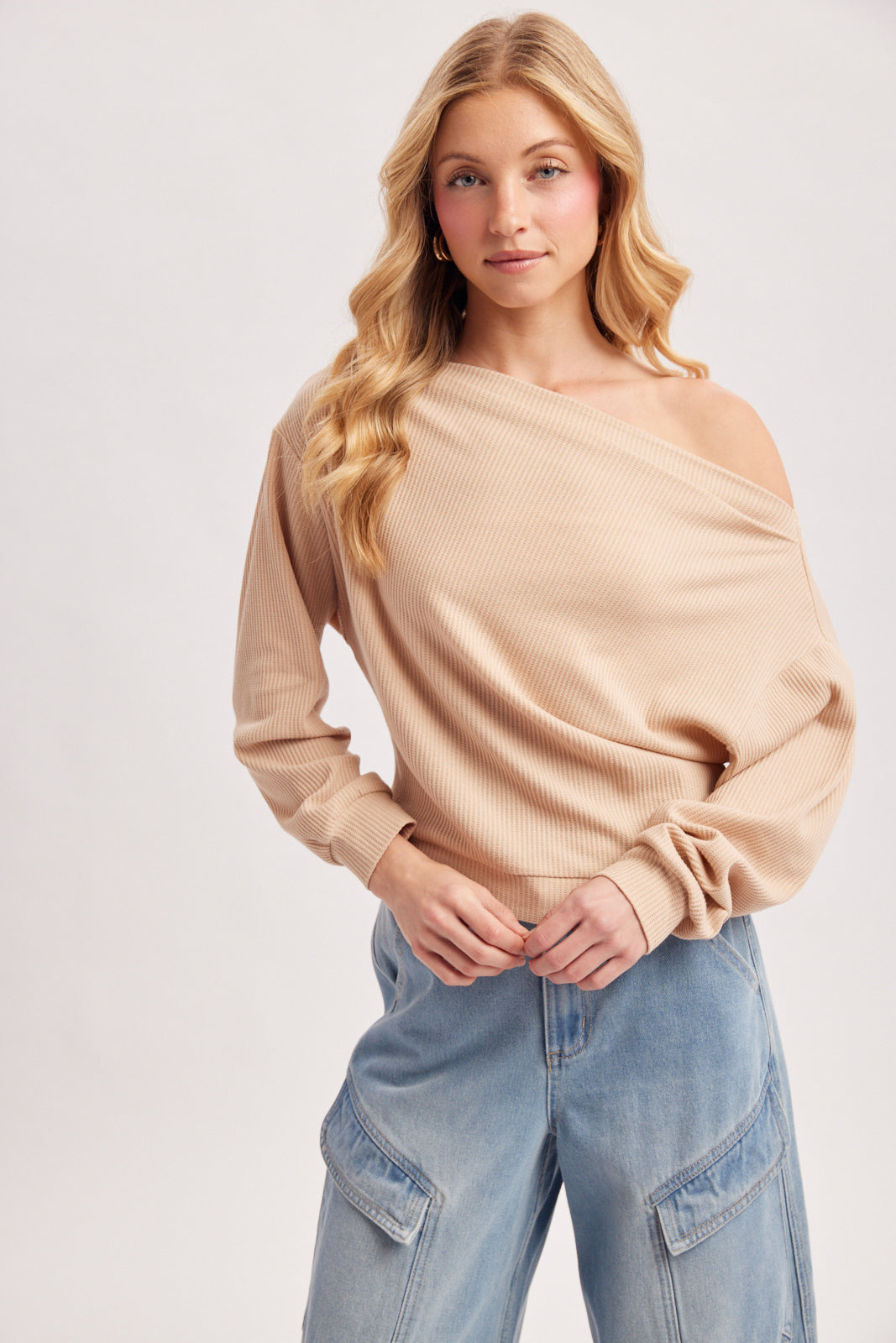 One Shoulder Waffle Knit Slouchy Top (Beige)