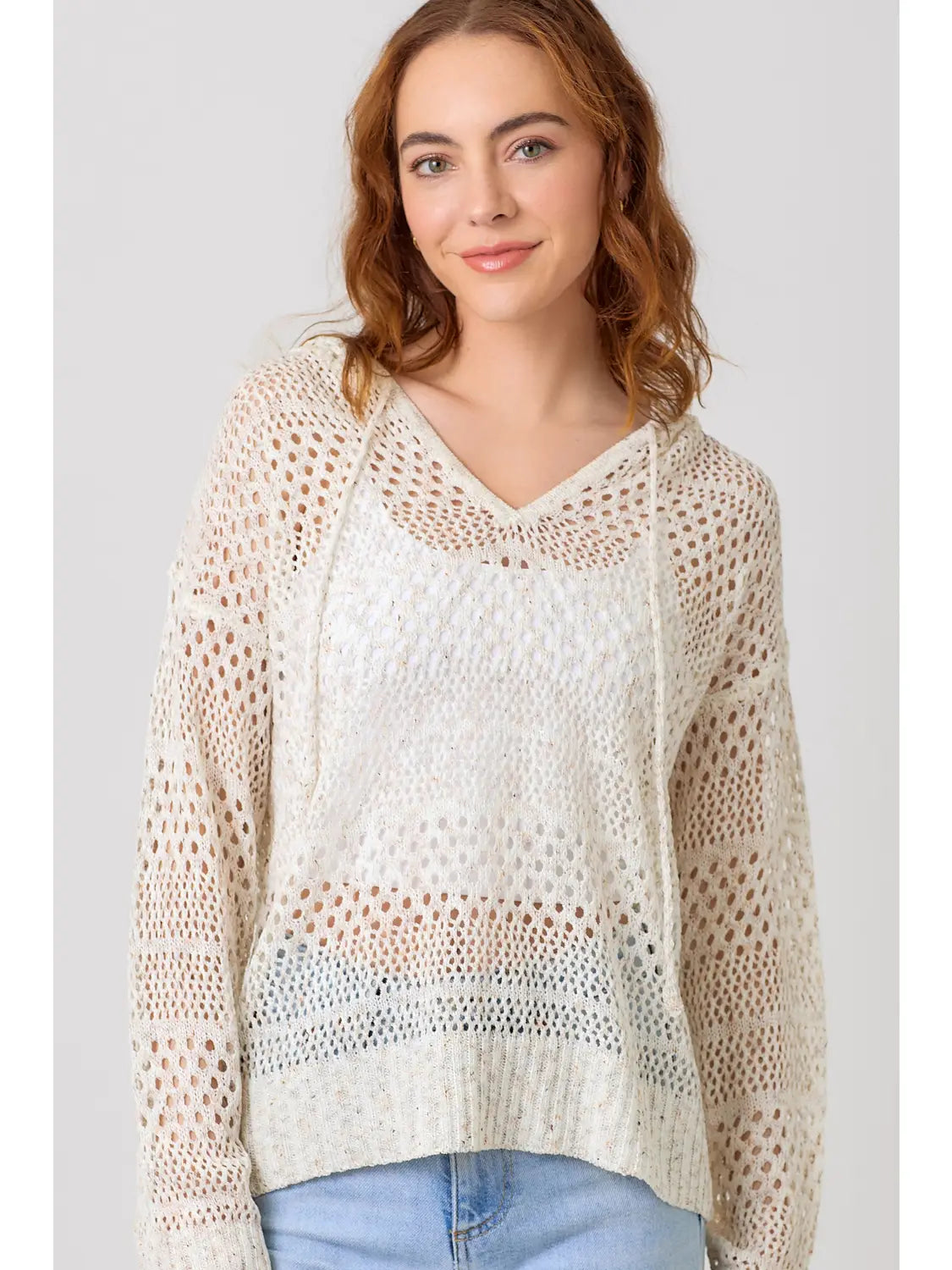 Crochet Knit Hoodie Sweater (Ivory Mix)