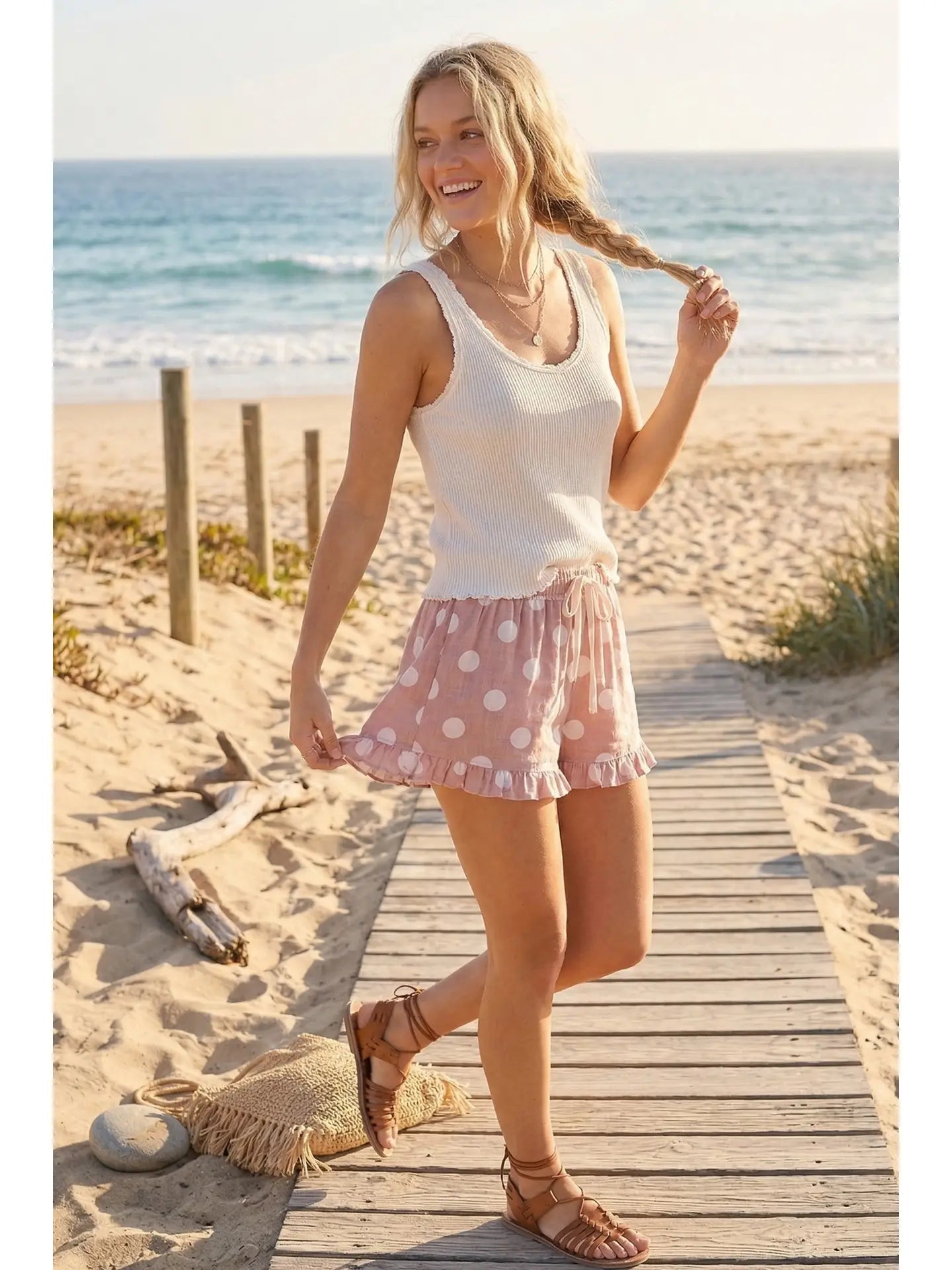 Polka Dot Ruffle Hem Full Lined Drawstring Shorts (Dusty Pink)