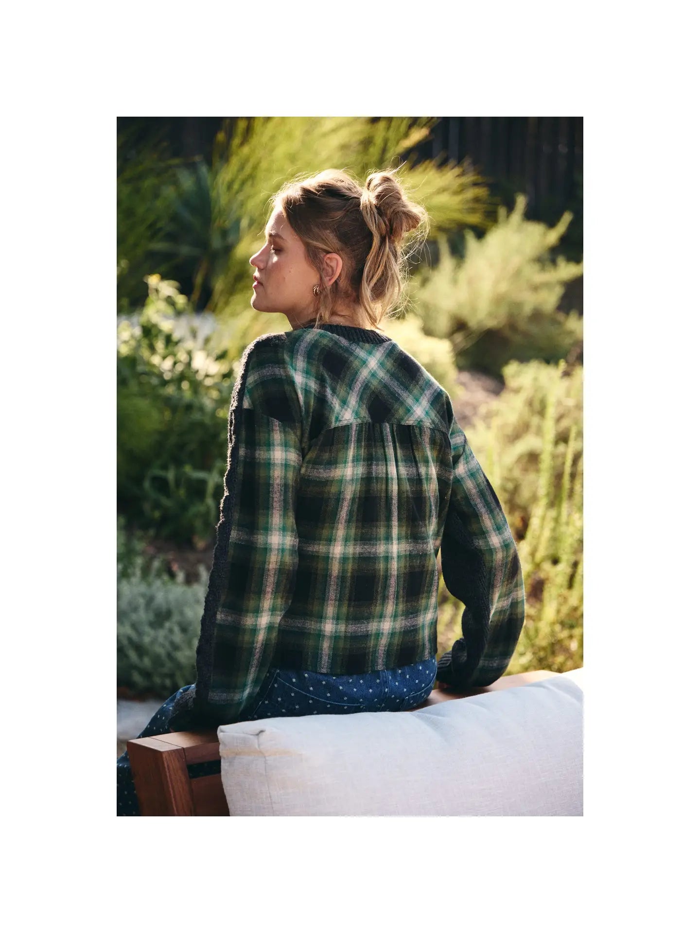 Woodland Plaid Back Mixed Media Cable Knit Sweater Top (Charcoal/Olive)