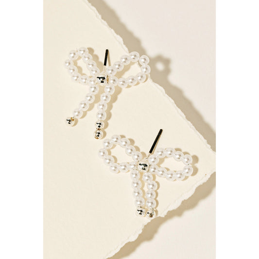 Pearl Beaded Ribbon Bow Stud Earrings