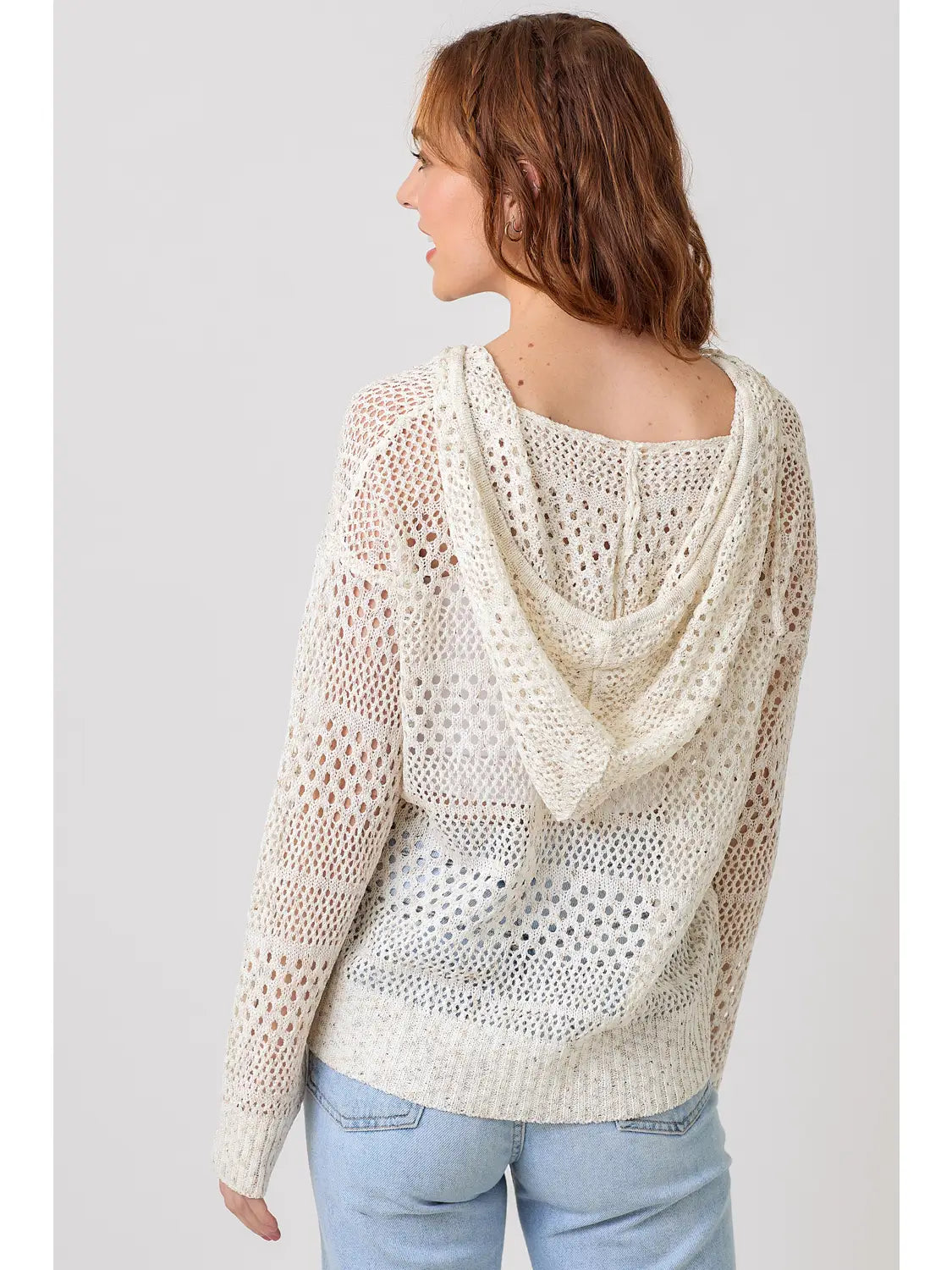 Crochet Knit Hoodie Sweater (Ivory Mix)