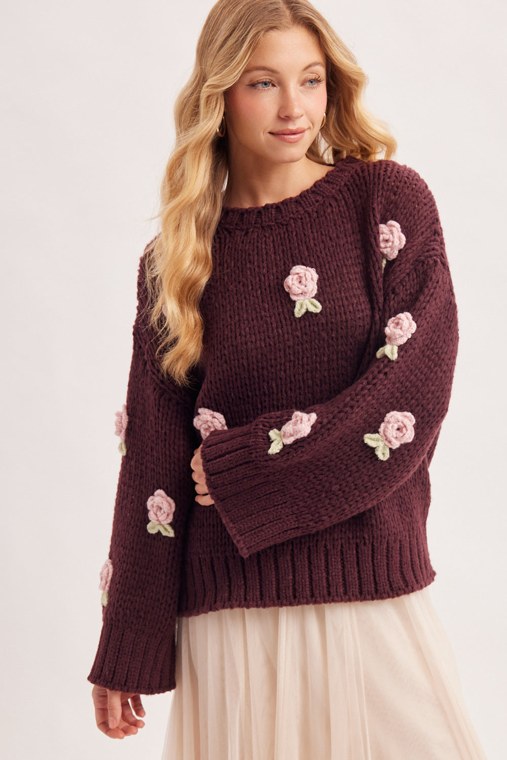 3D Crochet Rosette Chunky Knit Sweater 🩷