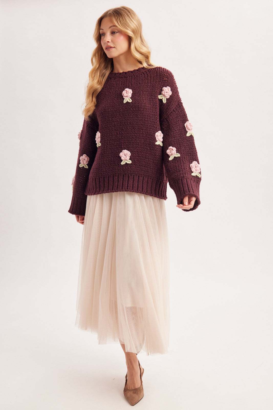 3D Crochet Rosette Chunky Knit Sweater 🩷