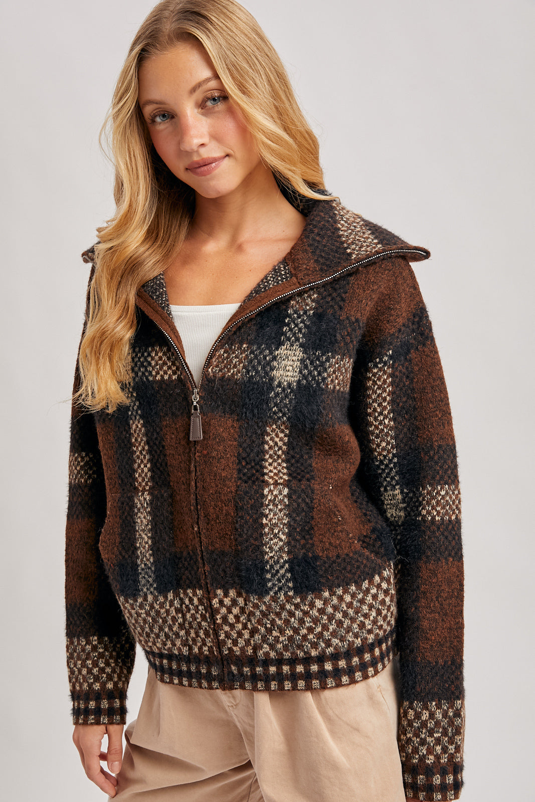 Plaid Zipper Fuzzy Knit Sweater Jacket
