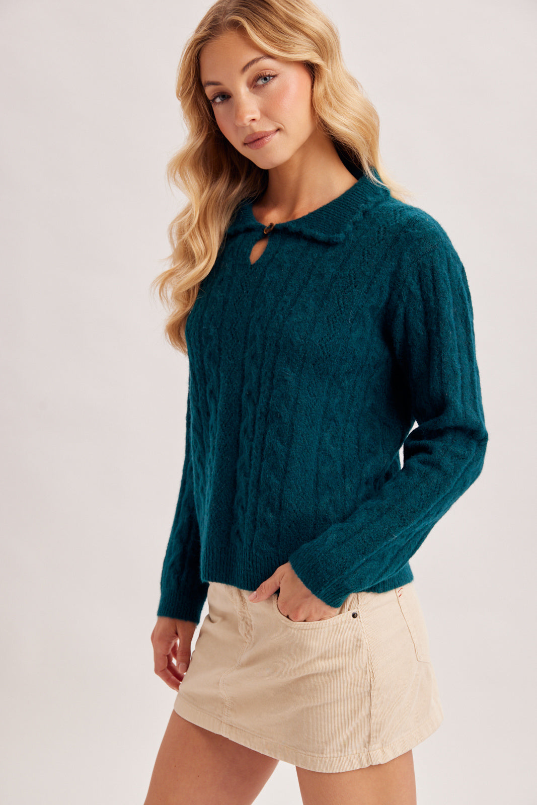 Keyhole Fuzzy Cable Knit Sweater