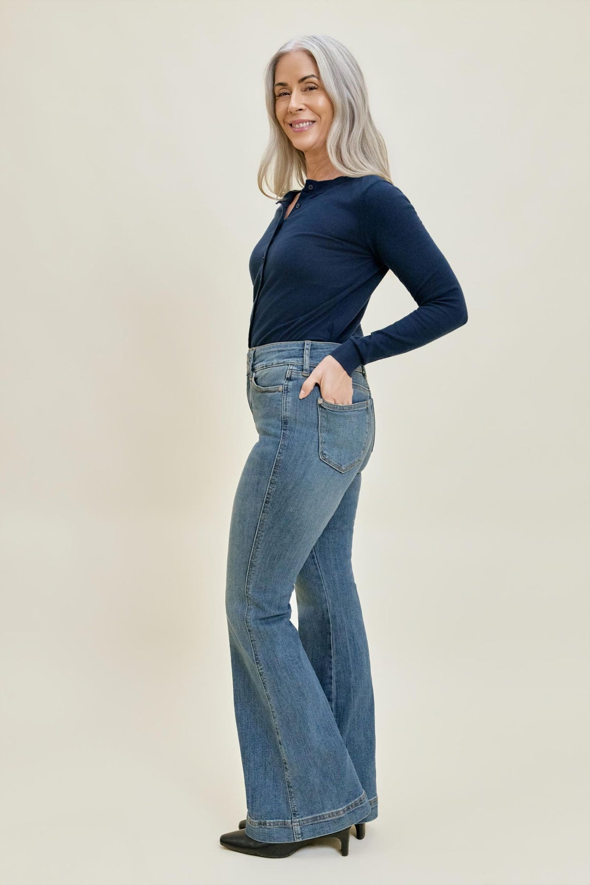 Petite Flare Tummy Control Double Button Judy Blue