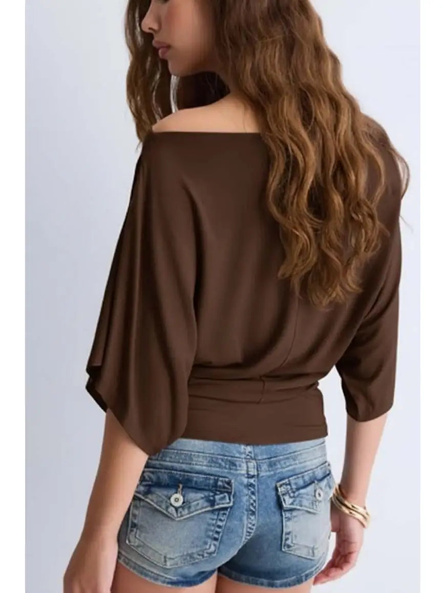 Off-The-Shoulder Batwing Sleeves Knit Top 🤎