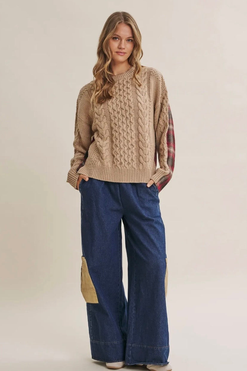 Woodland Plaid Back Mixed Media Cable Knit Sweater Top (Taupe/Red)