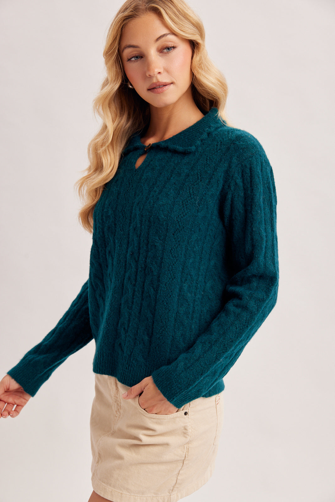 Keyhole Fuzzy Cable Knit Sweater