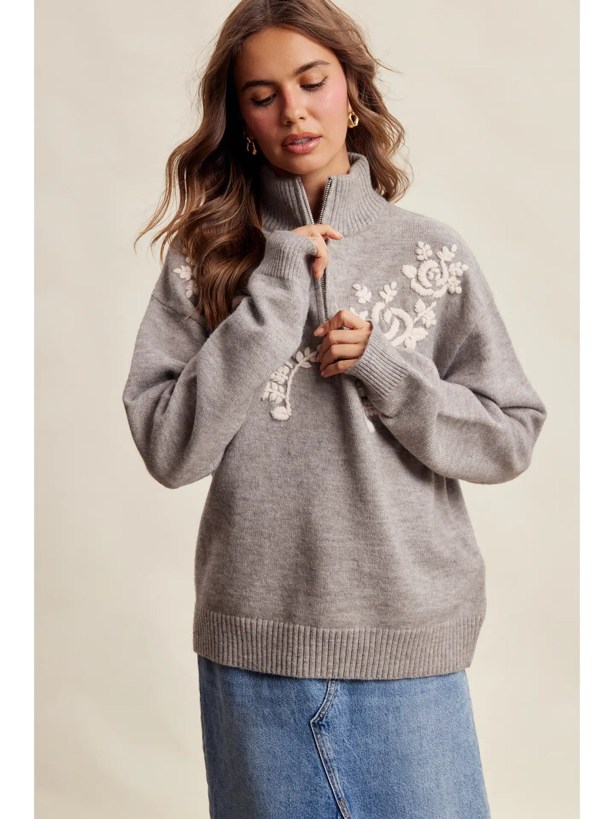 Floral Embroidered Quarter-Zip Sweater 🩶