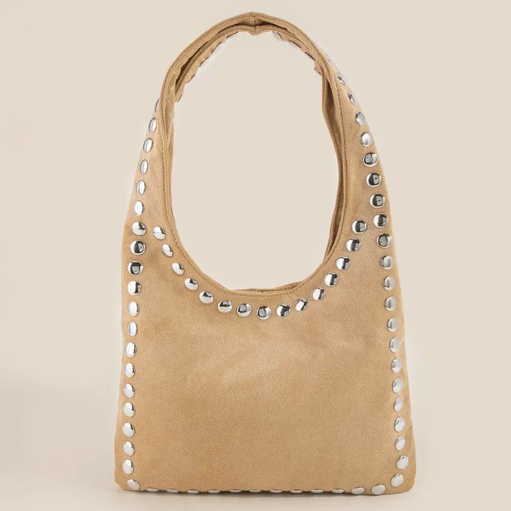 Grommet Border Studded Suede Shoulder Bag