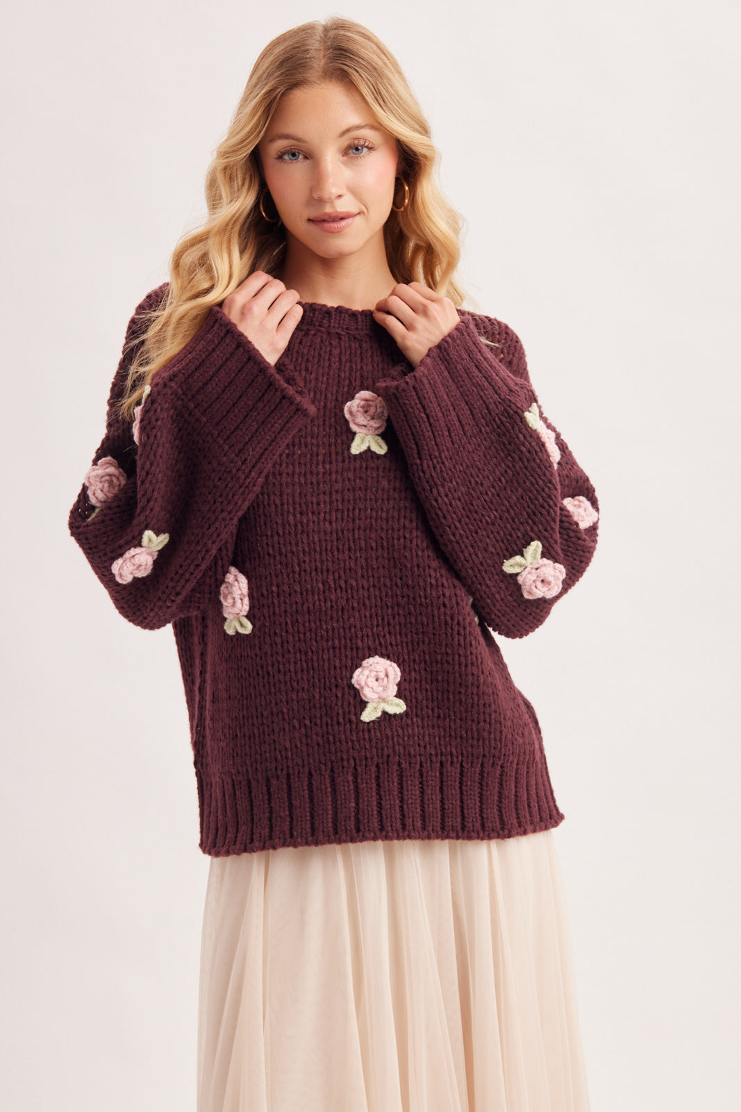 3D Crochet Rosette Chunky Knit Sweater 🩷
