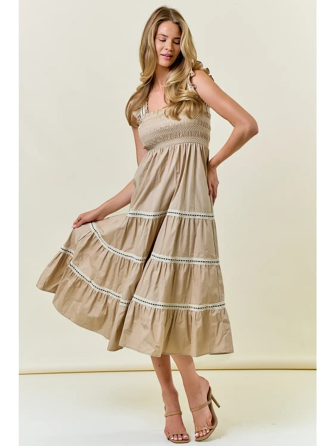 Smocked Ruffle Cap Sleeve Tiered Maxi Dress