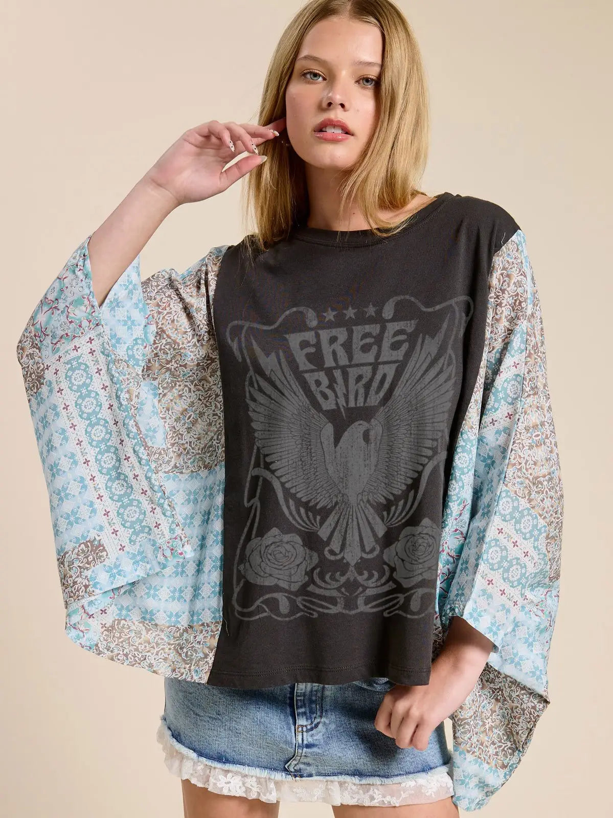 Free Bird Vintage Graphic Sheer Boho Kaftan Top 🩵