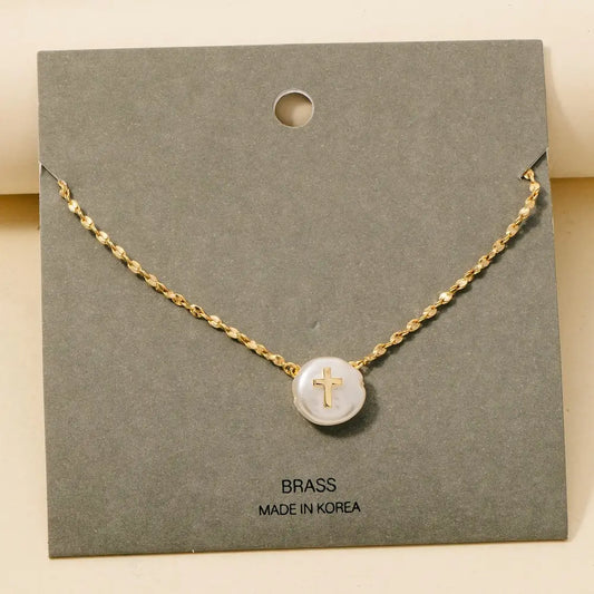 Cross On Pearl Pendant Chain Necklace