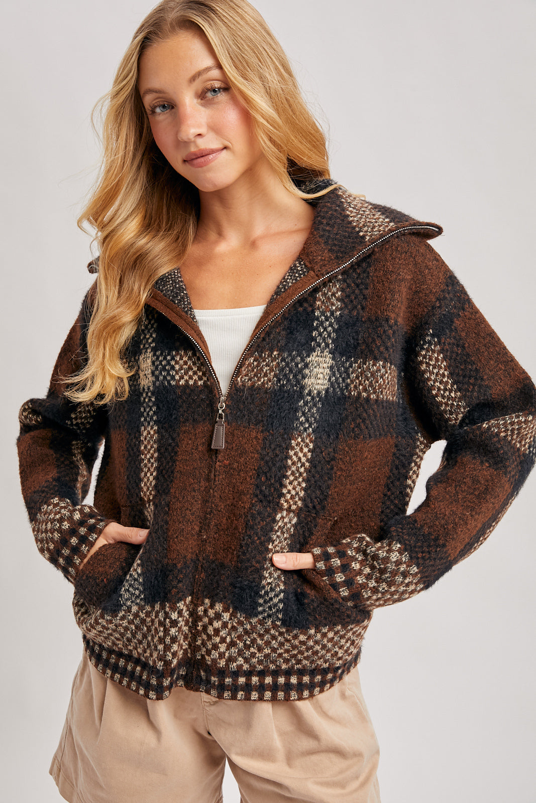Plaid Zipper Fuzzy Knit Sweater Jacket