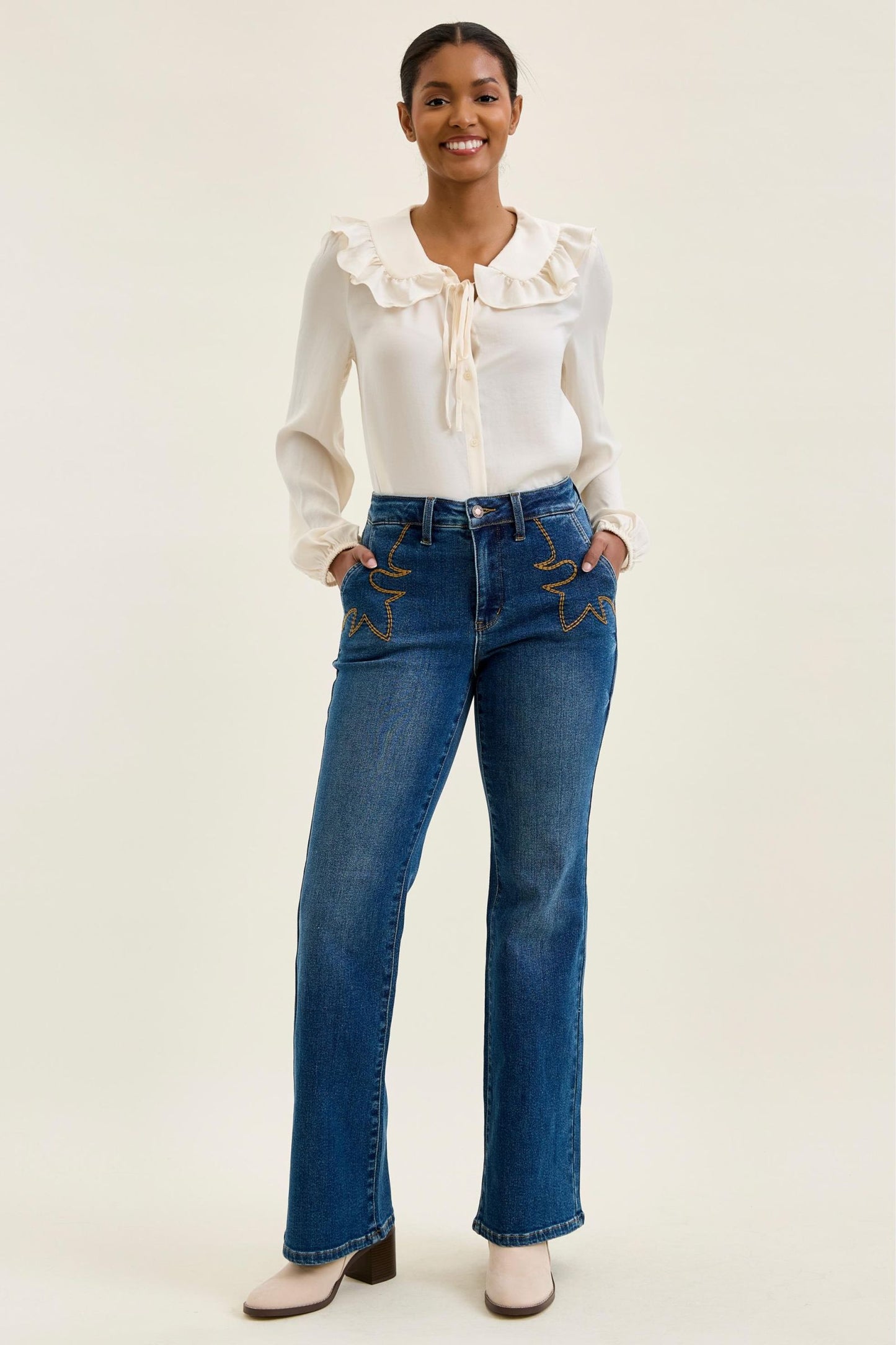 Bootcut w/ Cowboy Boot Stitching Saddle Blue Judy Blue