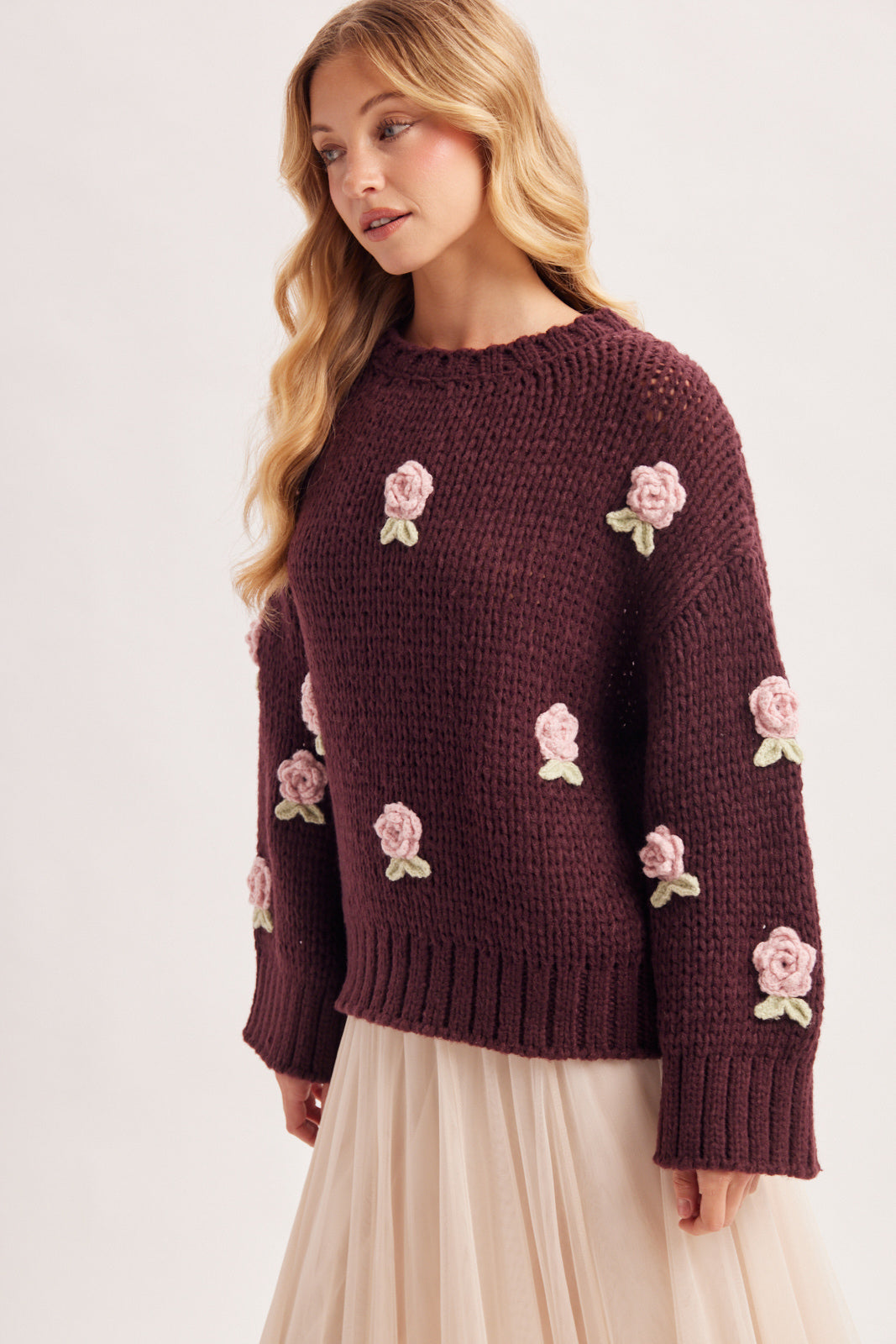 3D Crochet Rosette Chunky Knit Sweater 🩷