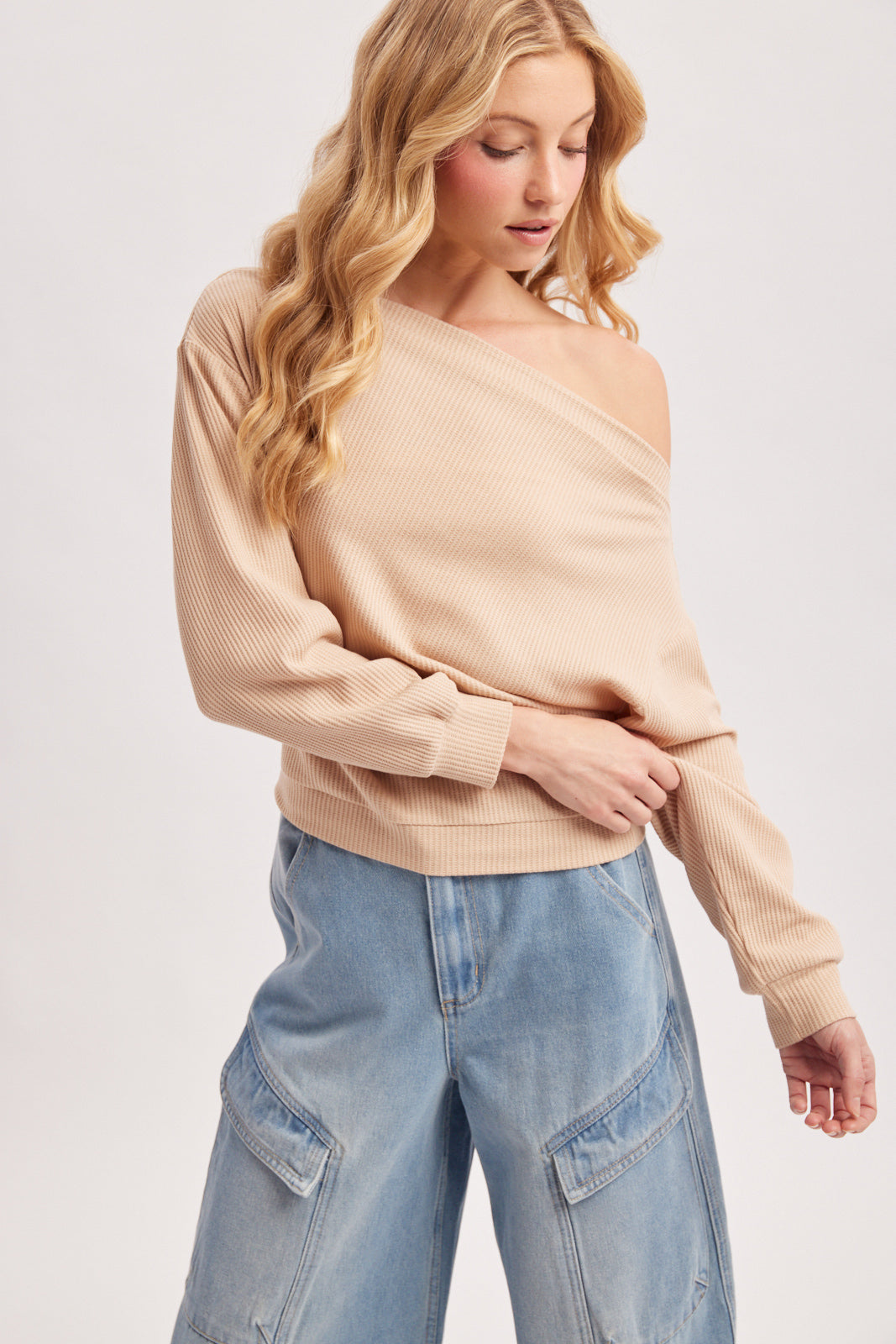 One Shoulder Waffle Knit Slouchy Top (Beige)