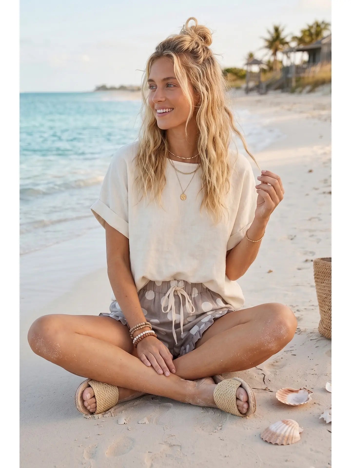 Polka Dot Ruffle Hem Full Lined Drawstring Shorts (Stone)