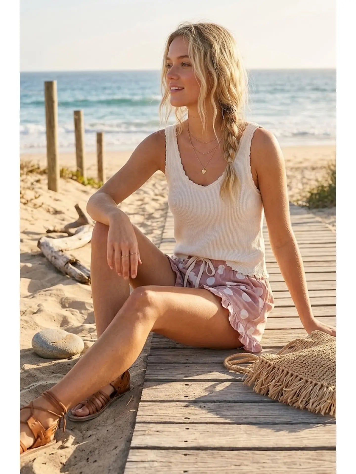 Polka Dot Ruffle Hem Full Lined Drawstring Shorts (Dusty Pink)