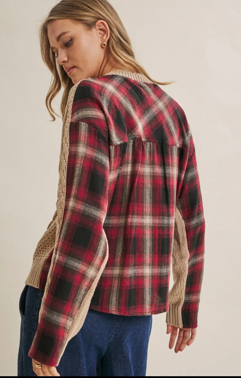 Woodland Plaid Back Mixed Media Cable Knit Sweater Top (Taupe/Red)