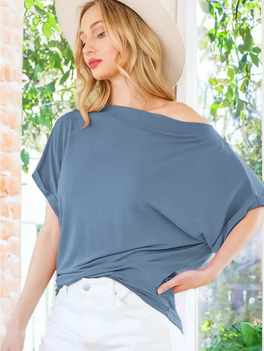 Boat Neck Short Sleeves Oversized Knit Top (Dusty Blue)