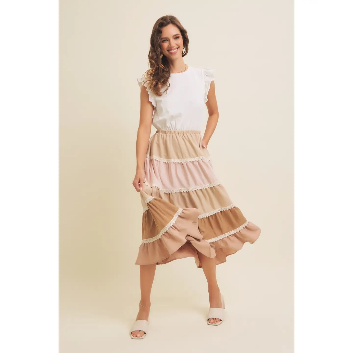 Vanilla Latte Tiered Color-Block Lace Ruffle Midi Dress 🤍
