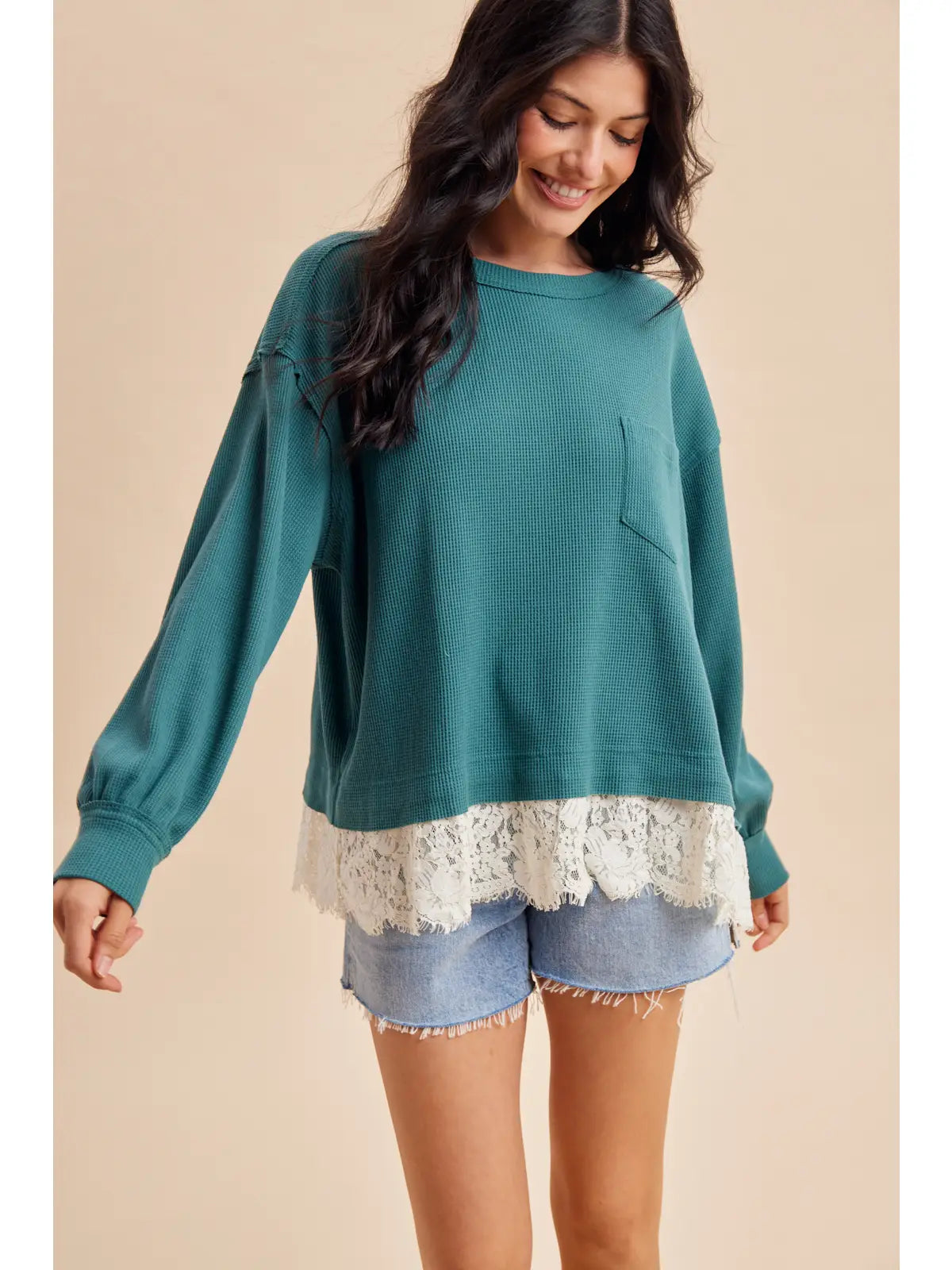 Lace Trim Thermal Knit Top (Dark Teal)