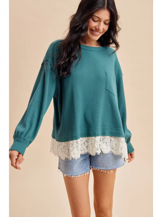 Lace Trim Thermal Knit Top (Dark Teal)