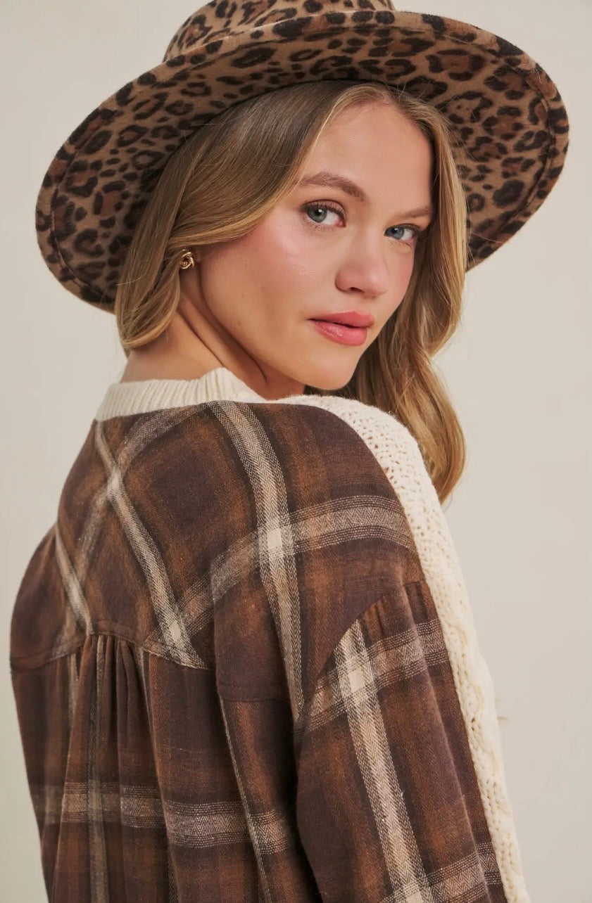 Woodland Plaid Back Mixed Media Cable Knit Sweater Top (Cream/Mocha)