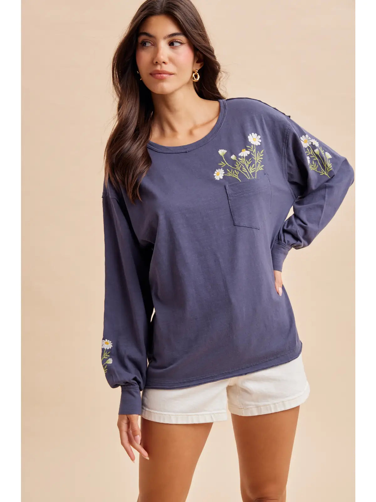 Embroidered Long Sleeve Pullover (Charcoal Denim)