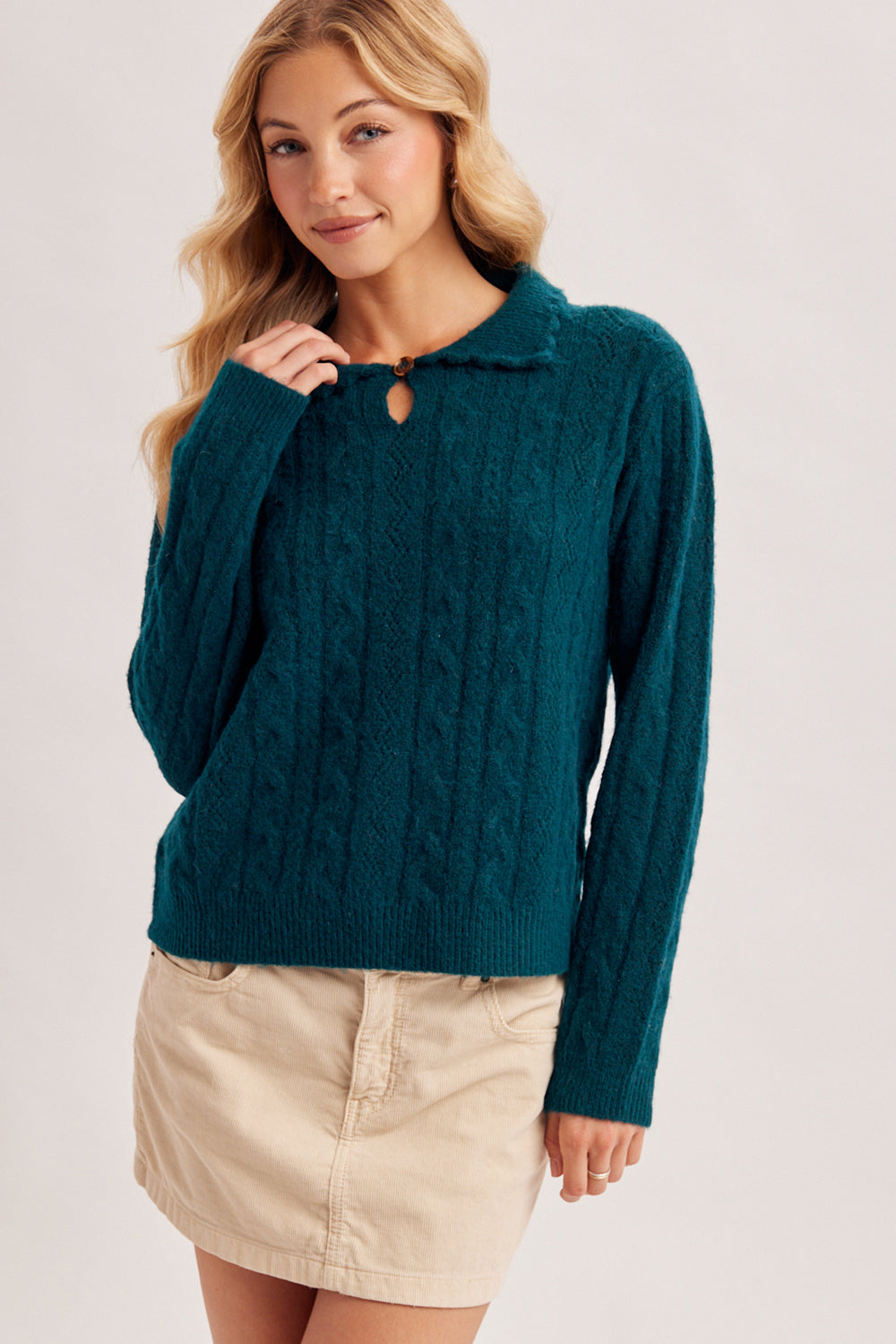 Keyhole Fuzzy Cable Knit Sweater