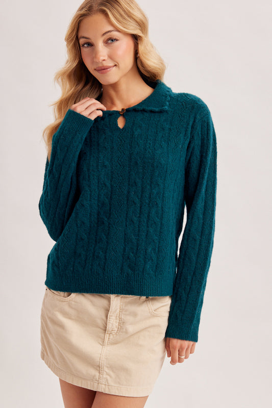 Keyhole Fuzzy Cable Knit Sweater