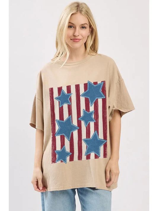 Puff Denims Stars W/Striped Graphic Seamless Box Tee (Tan)